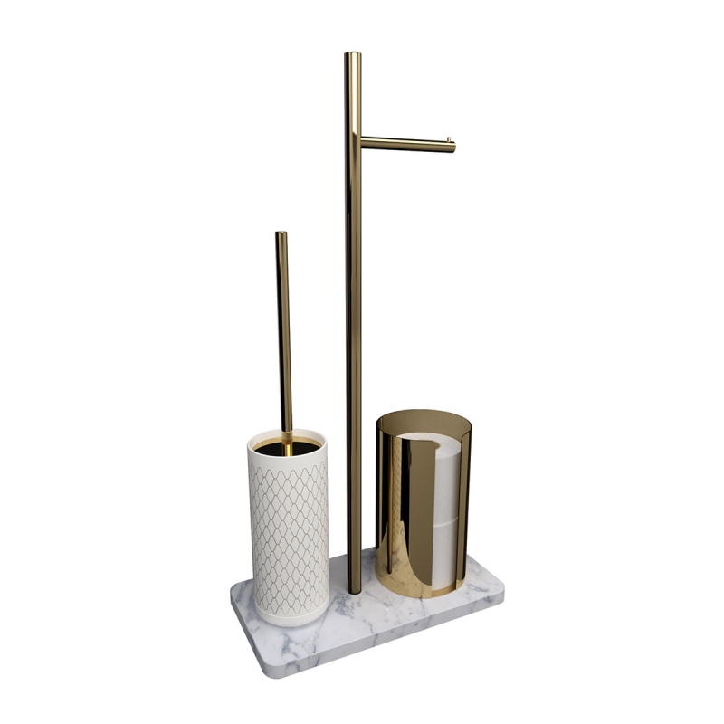 Omega Equilibrium - 771904001N - Equilibrium Standing Toilet Roll Holder + Brush Holder + Spare Roll Holder (Netting) - Gold
