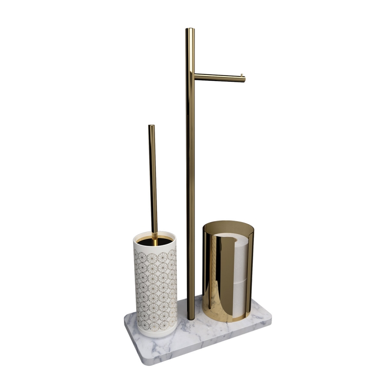 Omega Standing Toilet Paper Holders + Brush Holders - 771904001C - Equilibrium Standing Toilet Roll Holder + Brush Holder + Spare Roll Holder (Circle) - Gold
